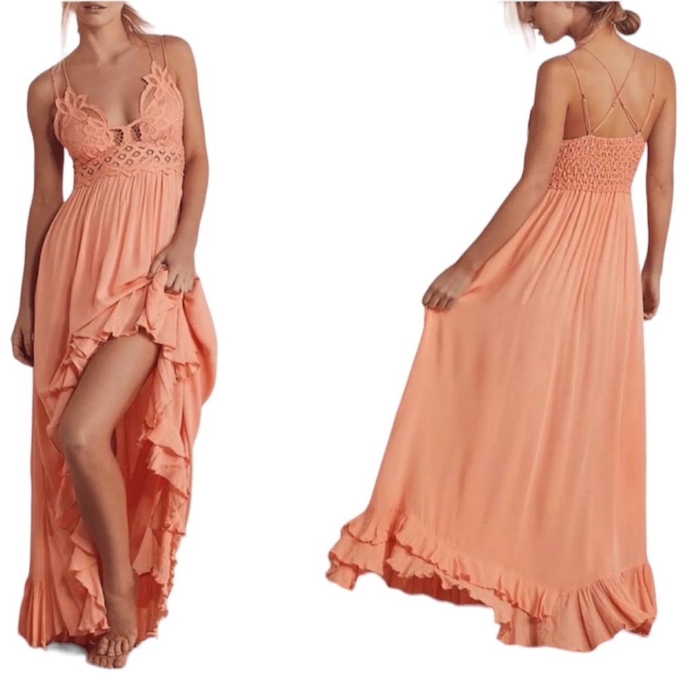 Free People Peach Crochet-Top Ruffled Maxi Dress